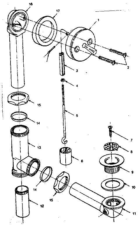 Exploded diagram of a bathtub waste and overflow assembly with numbered callouts for face plate, linkage, plunger, strainer, gaskets, tee and tailpiece