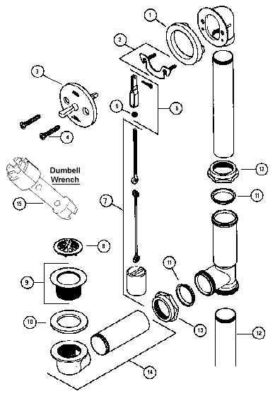 Exploded parts diagram of a bathtub waste and overflow assembly including face plate, linkage, plunger, strainer, gaskets, tee, and dumbbell wrench
