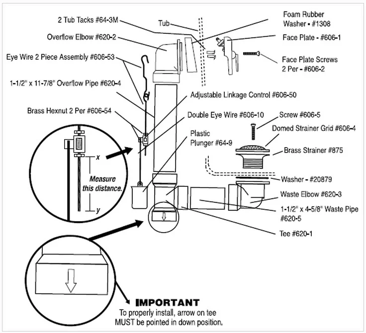Detailed trip lever waste and overflow diagram with part numbers, showing adjustable linkage control, plastic plunger, eye wire assembly, brass strainer, waste elbow, and tee orientation